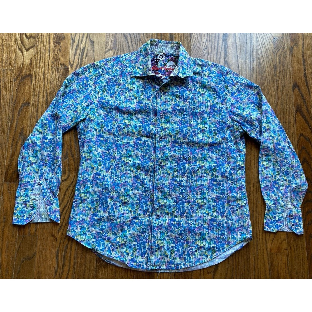 Robert Graham Shirt Mens Small Blue Mosaic AOP Long Sleeve Colorful Flip Cuff